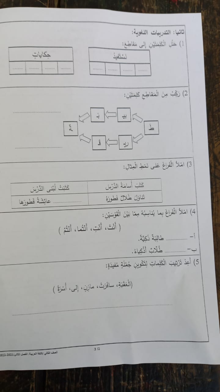 NzUzOTEx2 بالصور امتحان لغة عربية نهائي للصف الثاني الفصل الثاني 2022 نموذج A وكالة